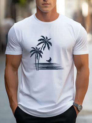 Men's Cotton Short Sleeve T-Shirt Palm Tree Moon Ocean Print Casual Graphic Tee