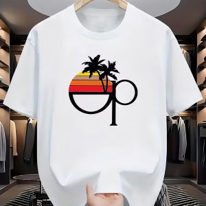 Men's Cotton Short Sleeve T-Shirt Retro Sunset Palm Tree OP Logo Graphic T-Shirt