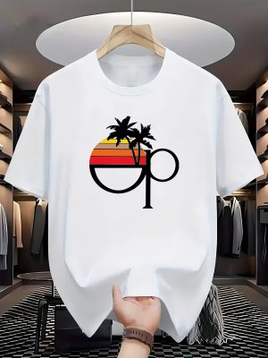 Men's Cotton Short Sleeve T-Shirt Retro Sunset Palm Tree OP Logo Graphic T-Shirt